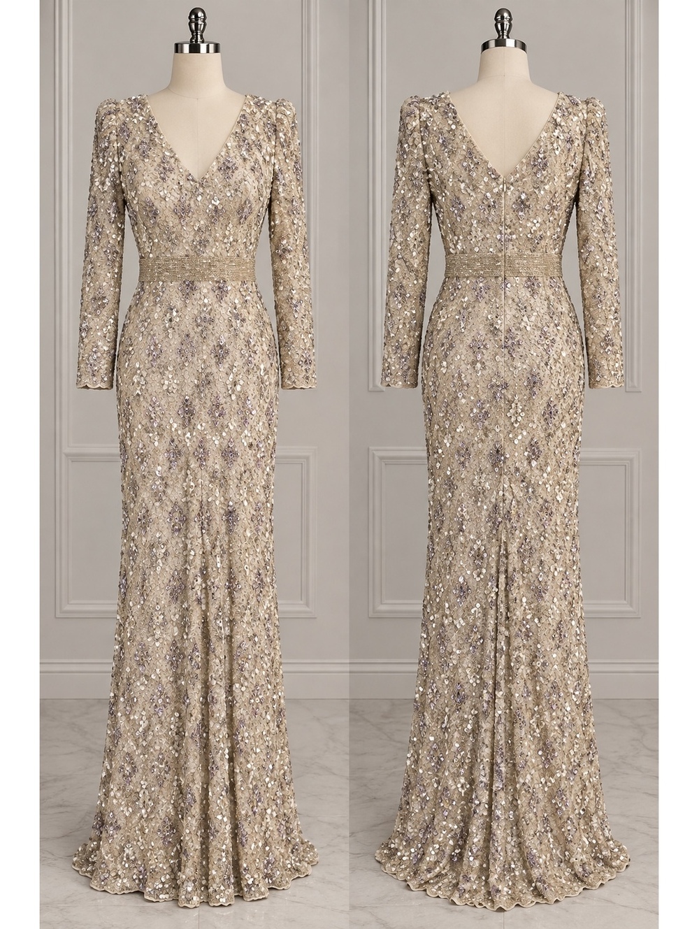NWT Mac Duggal Sequined long sleeve evening gown